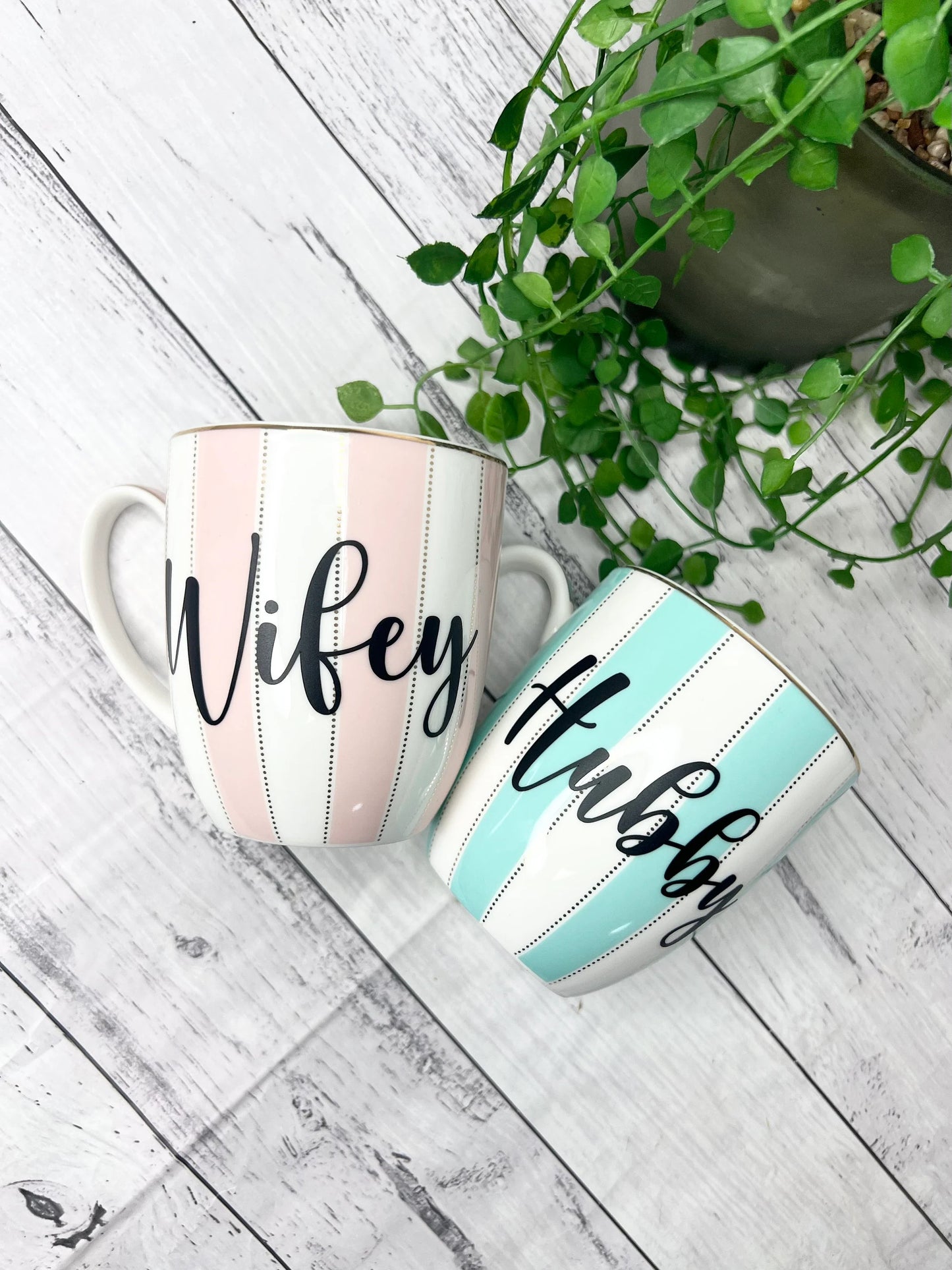 Hubby and wifey stripe mug green and pink couple set with black writing 400ml
