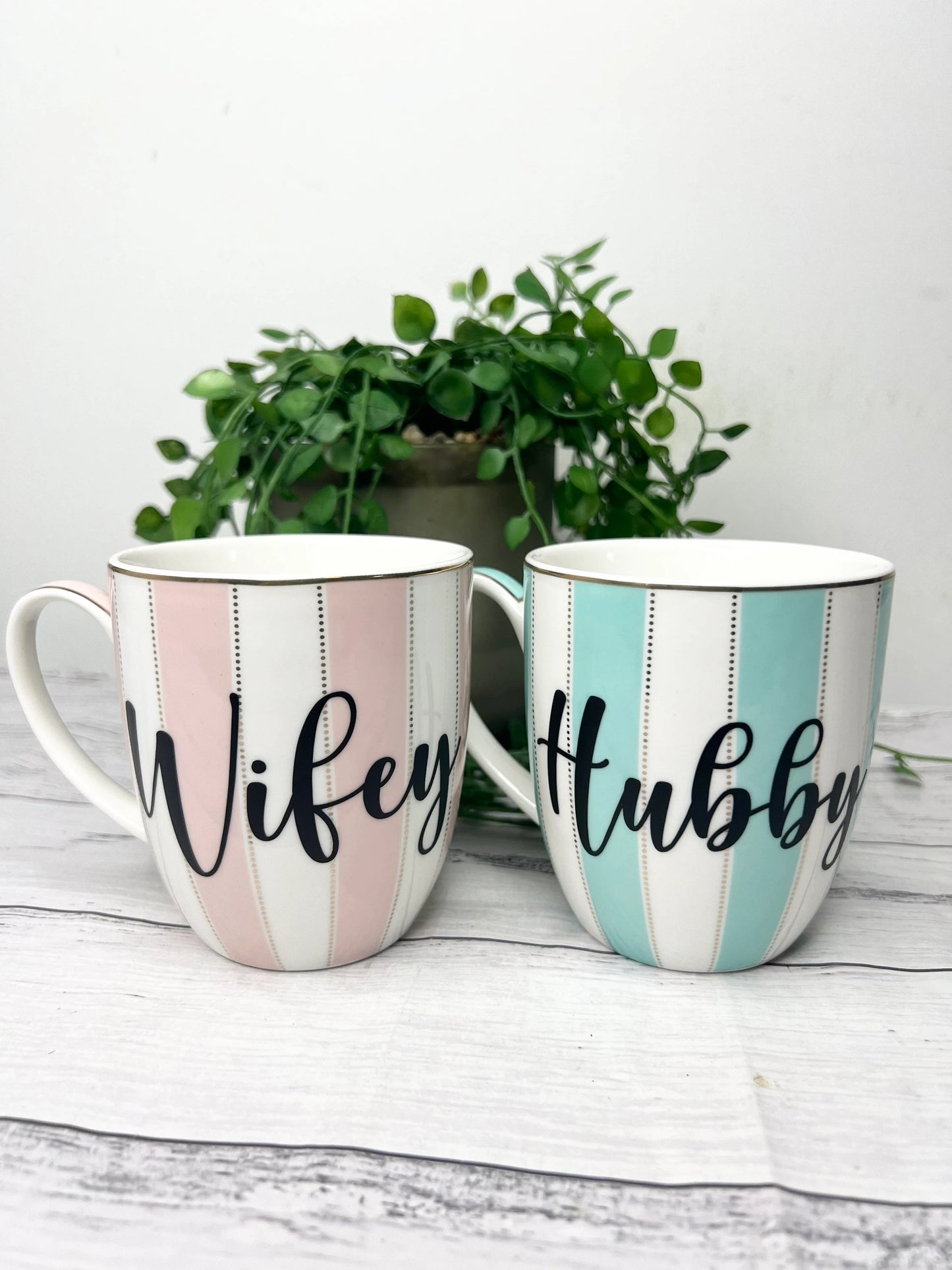 Hubby and wifey stripe mug green and pink couple set with black writing 400ml