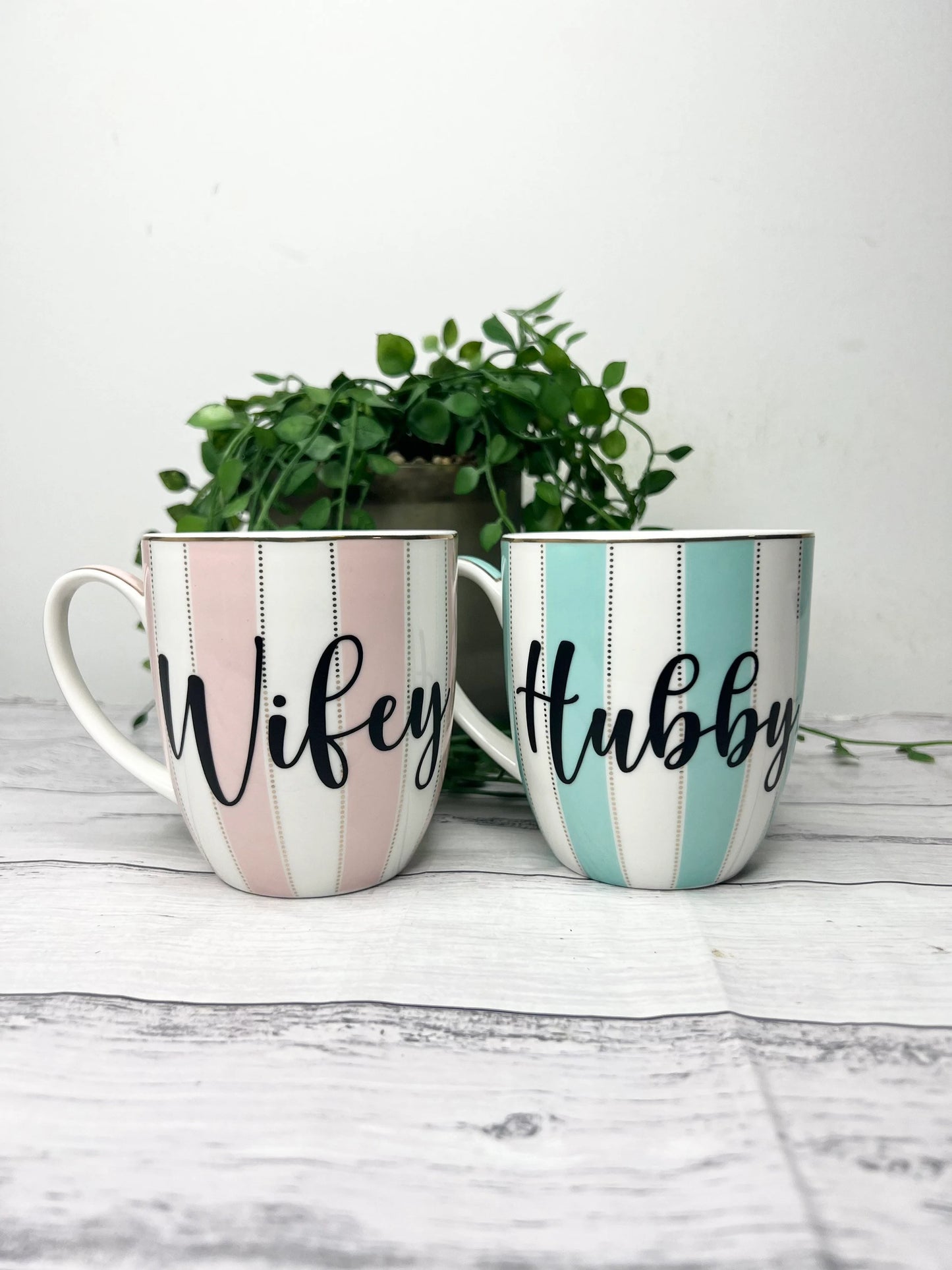 Hubby and wifey stripe mug green and pink couple set with black writing 400ml