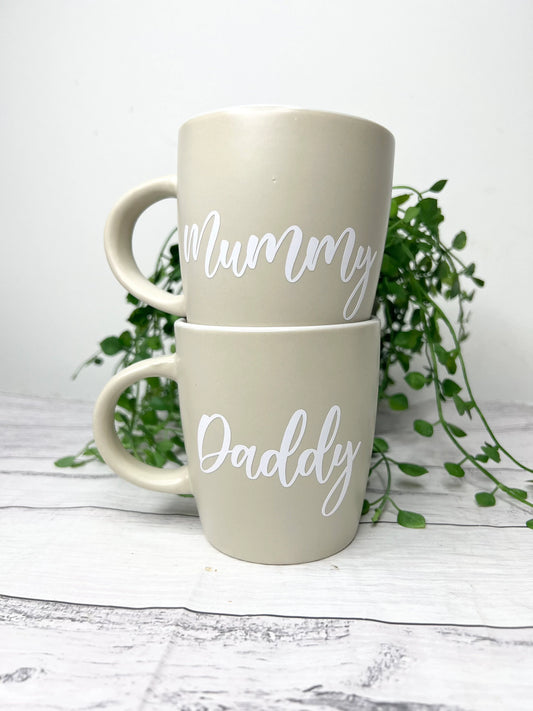 Mummy and Daddy Couple Beige With White writing Mug set 340Ml