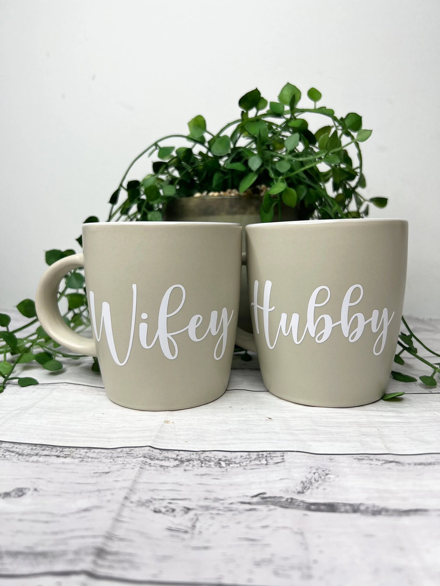 Hubby and Wifey Beige Mugs With White writing Mug set 340Ml