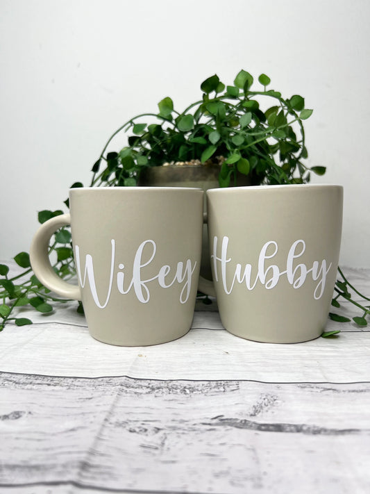 Hubby and Wifey Beige Mugs With White writing Mug set 340Ml