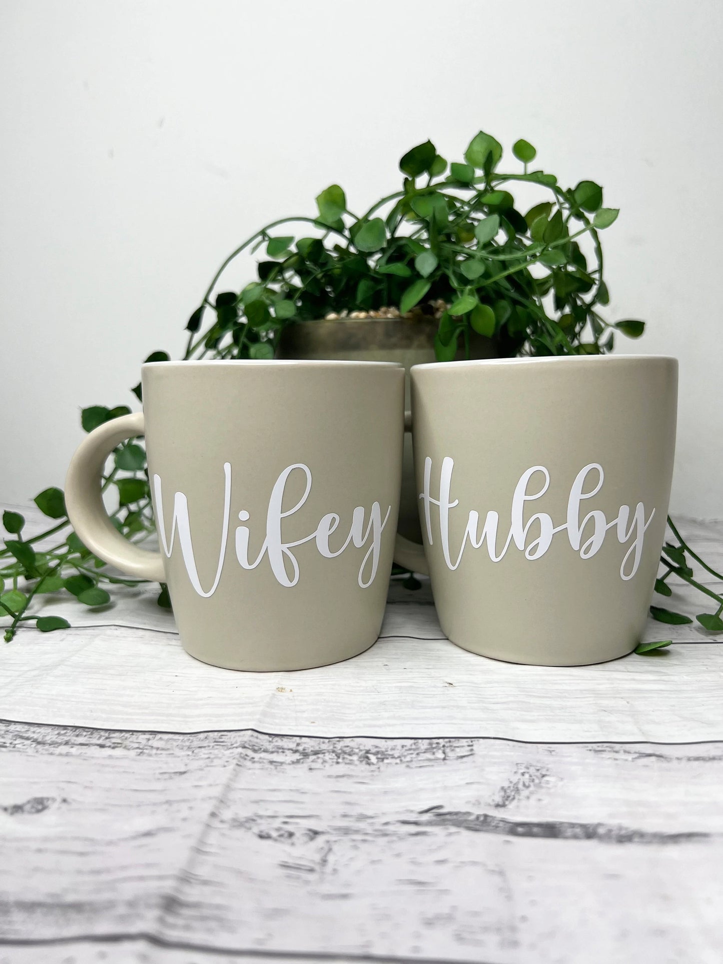 Hubby and Wifey Beige Mugs With White writing Mug set 340Ml