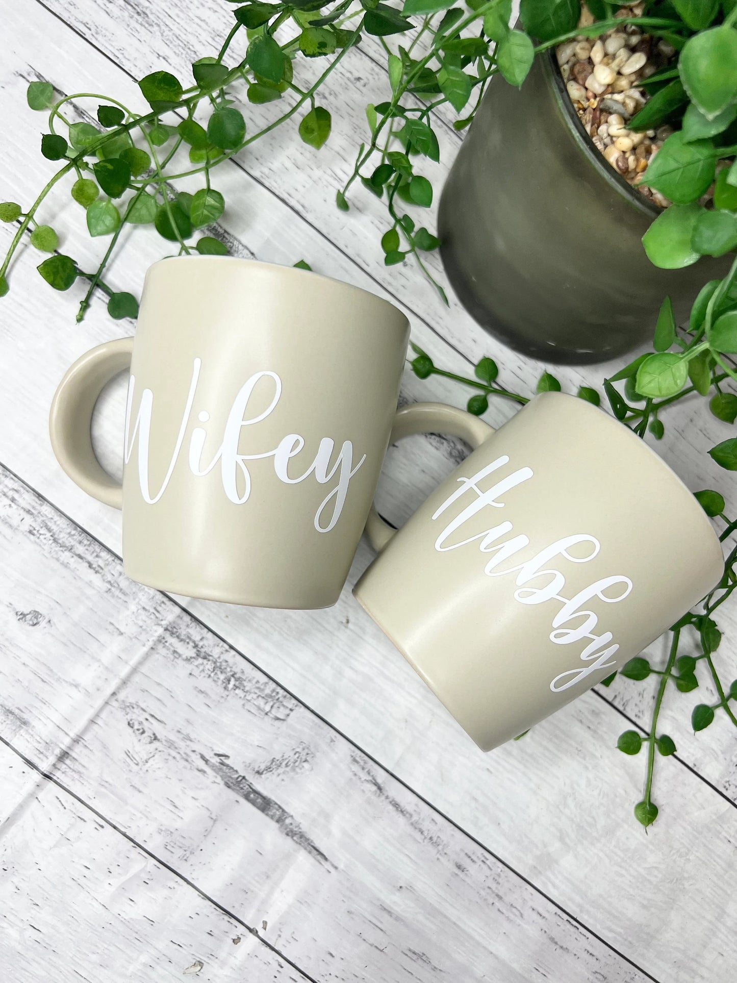 Hubby and Wifey Beige Mugs With White writing Mug set 340Ml