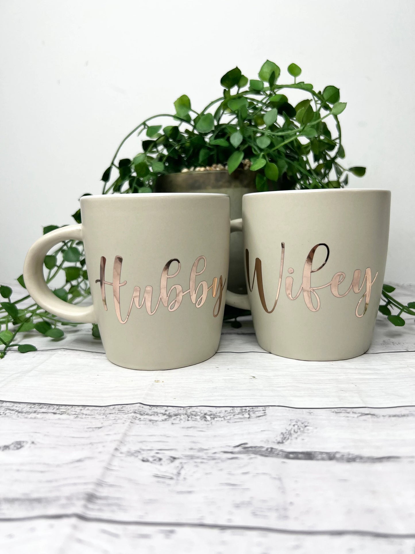 Hubby and Wifey Beige Mugs With Rose Gold writing Mug set 340Ml