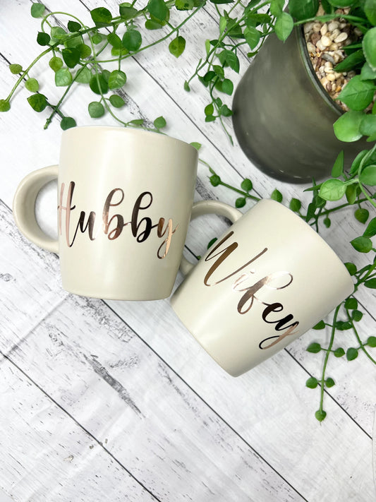 Hubby and Wifey Beige Mugs With Rose Gold writing Mug set 340Ml