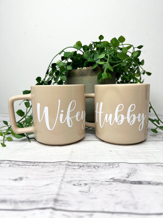 Hubby and Wifey Beige Mugs With white writing Mug set 320ml