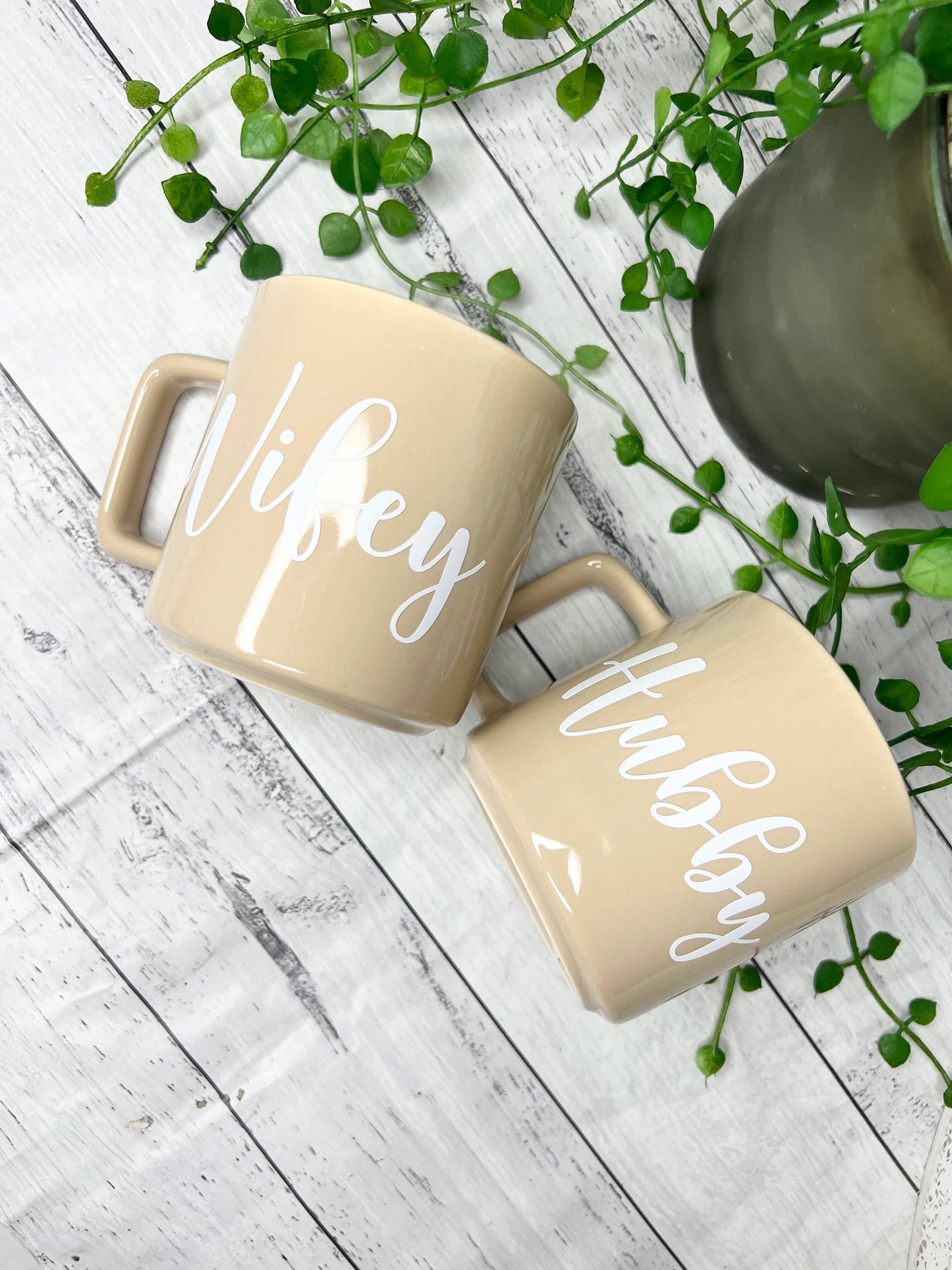 Hubby and Wifey Beige Mugs With white writing Mug set 320ml