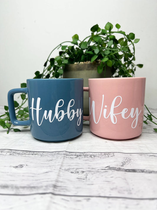 Hubby and wifey Pink and Blue Mugs With white writing Mug set 320ml