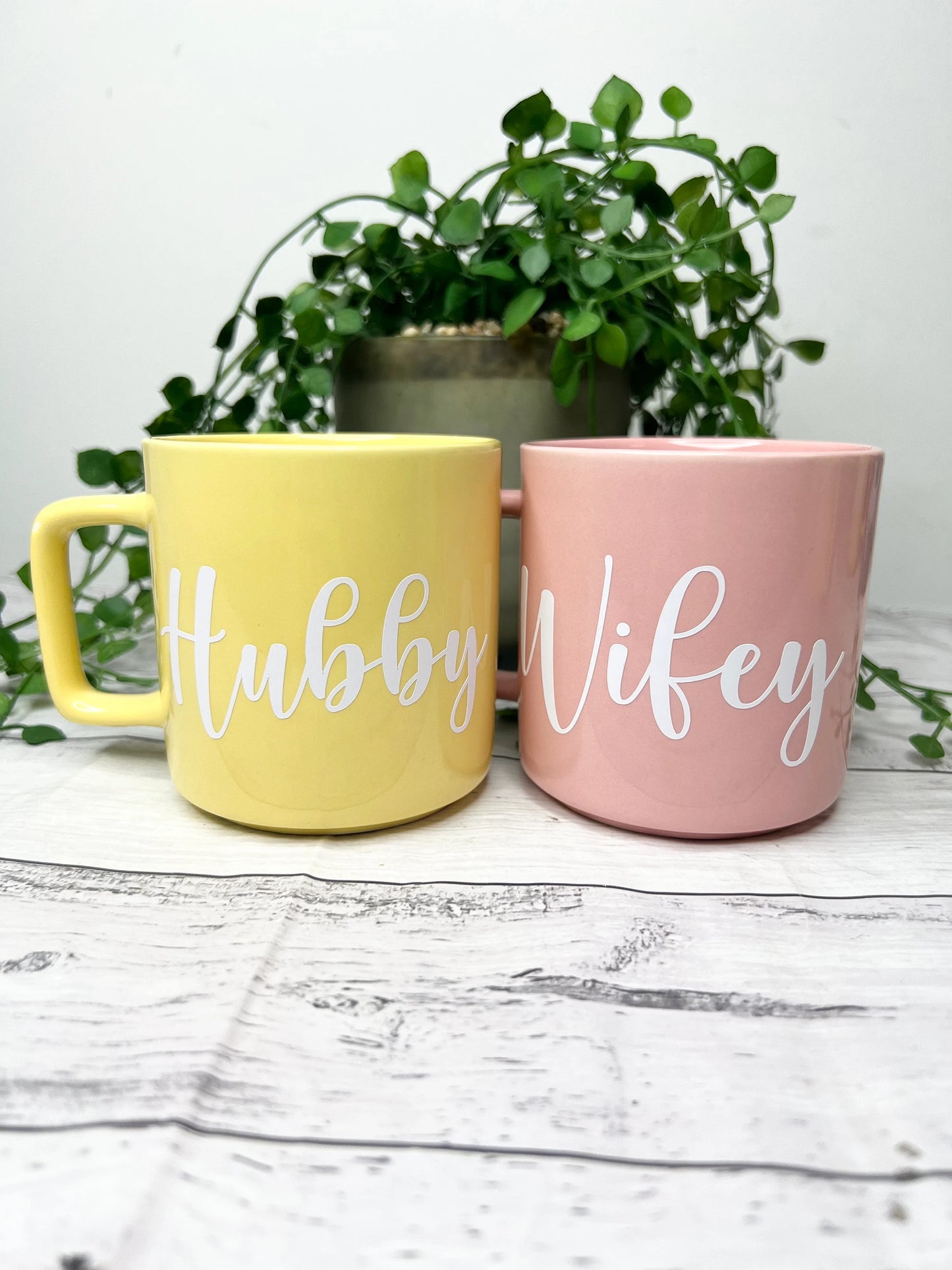 Hubby and wifey Pink and Yellow Mugs With white writing Mug set 320ml