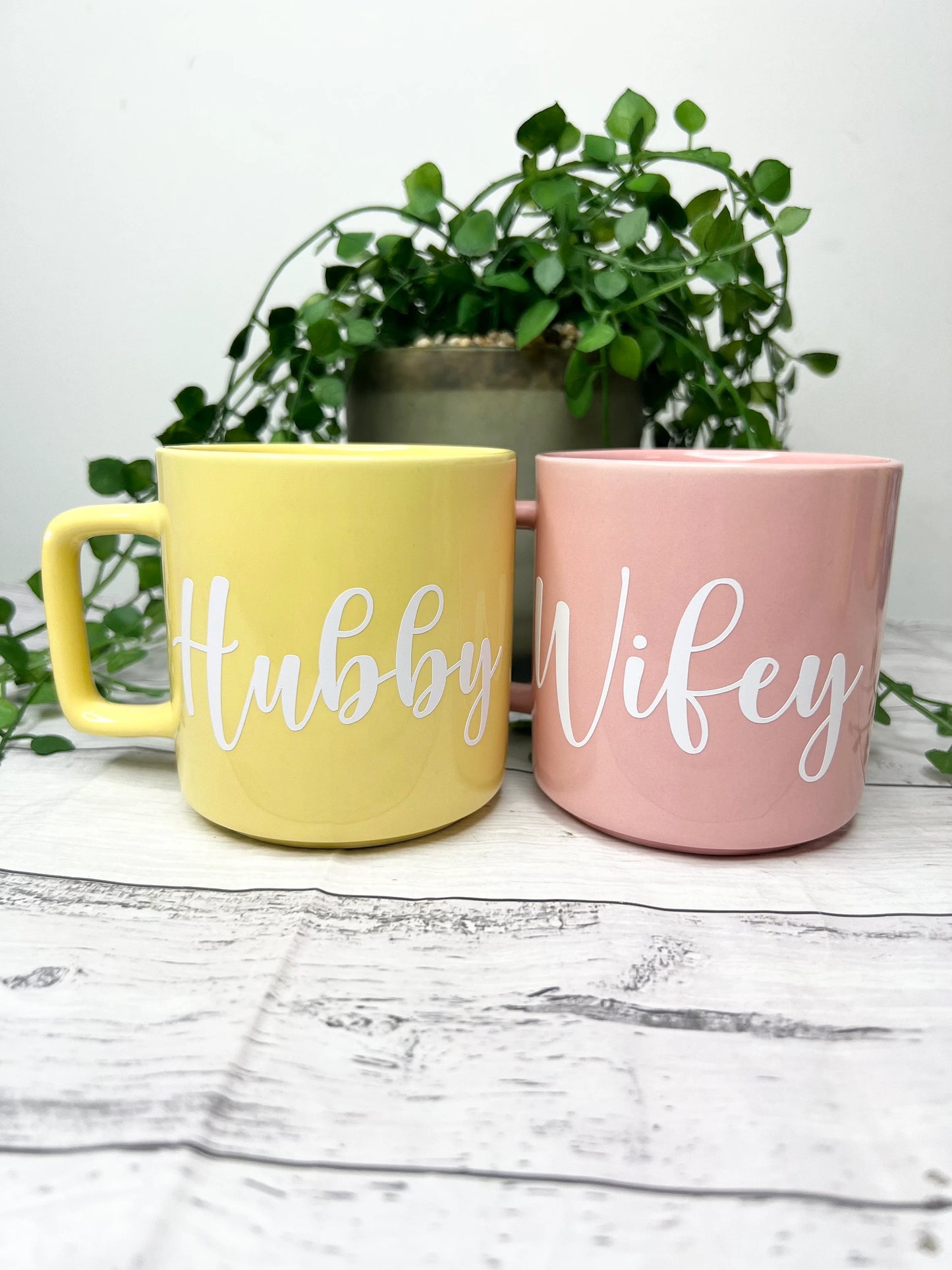 Hubby and wifey Pink and Yellow Mugs With white writing Mug set 320ml