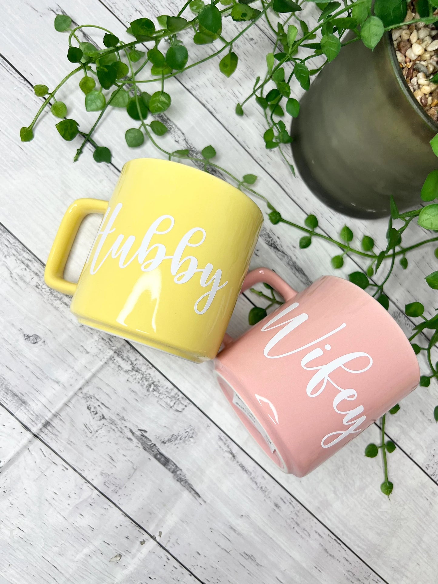 Hubby and wifey Pink and Yellow Mugs With white writing Mug set 320ml