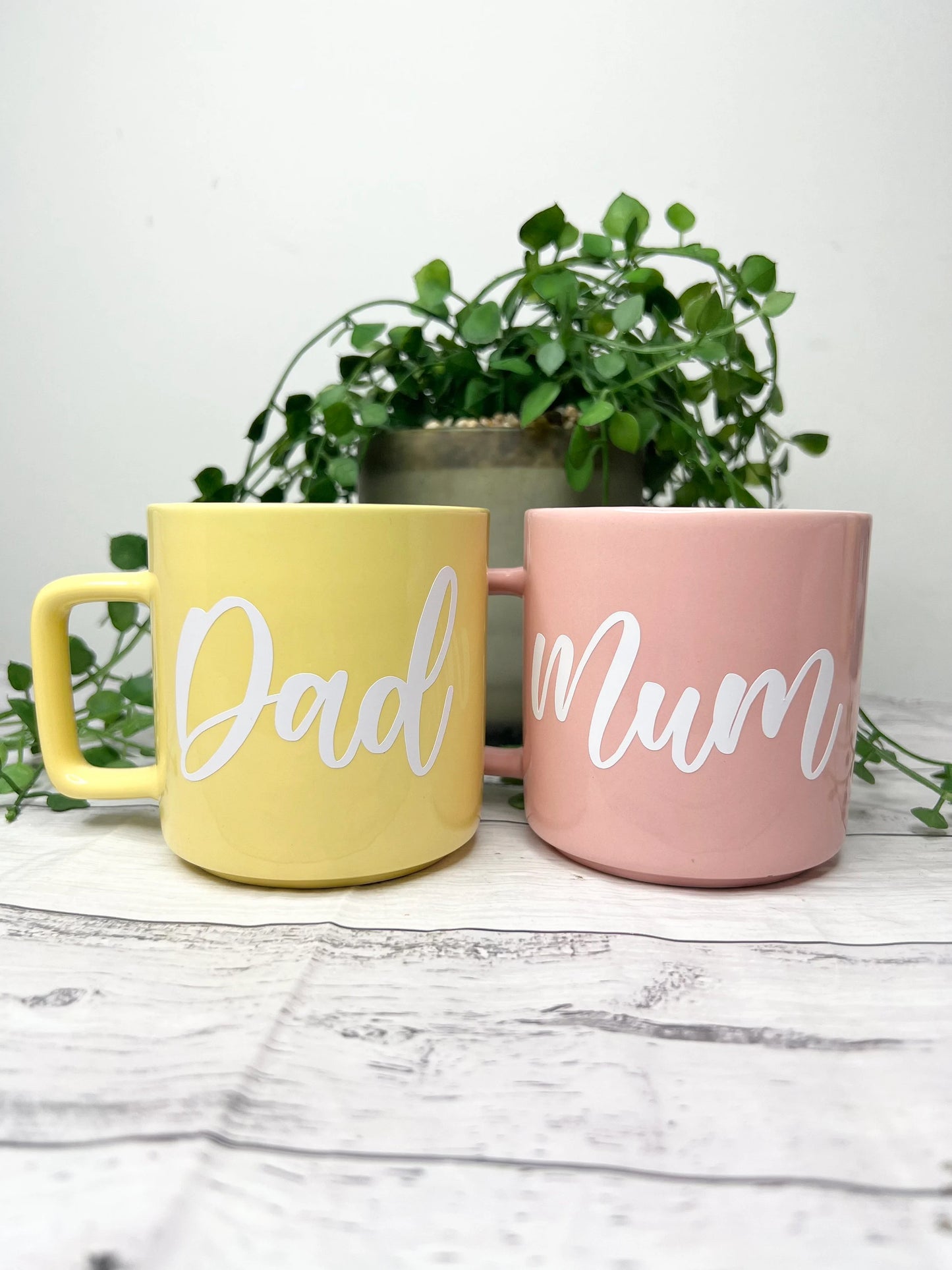 Mum and Dad Pink and Yellow Mugs With white writing Mug set 320ml