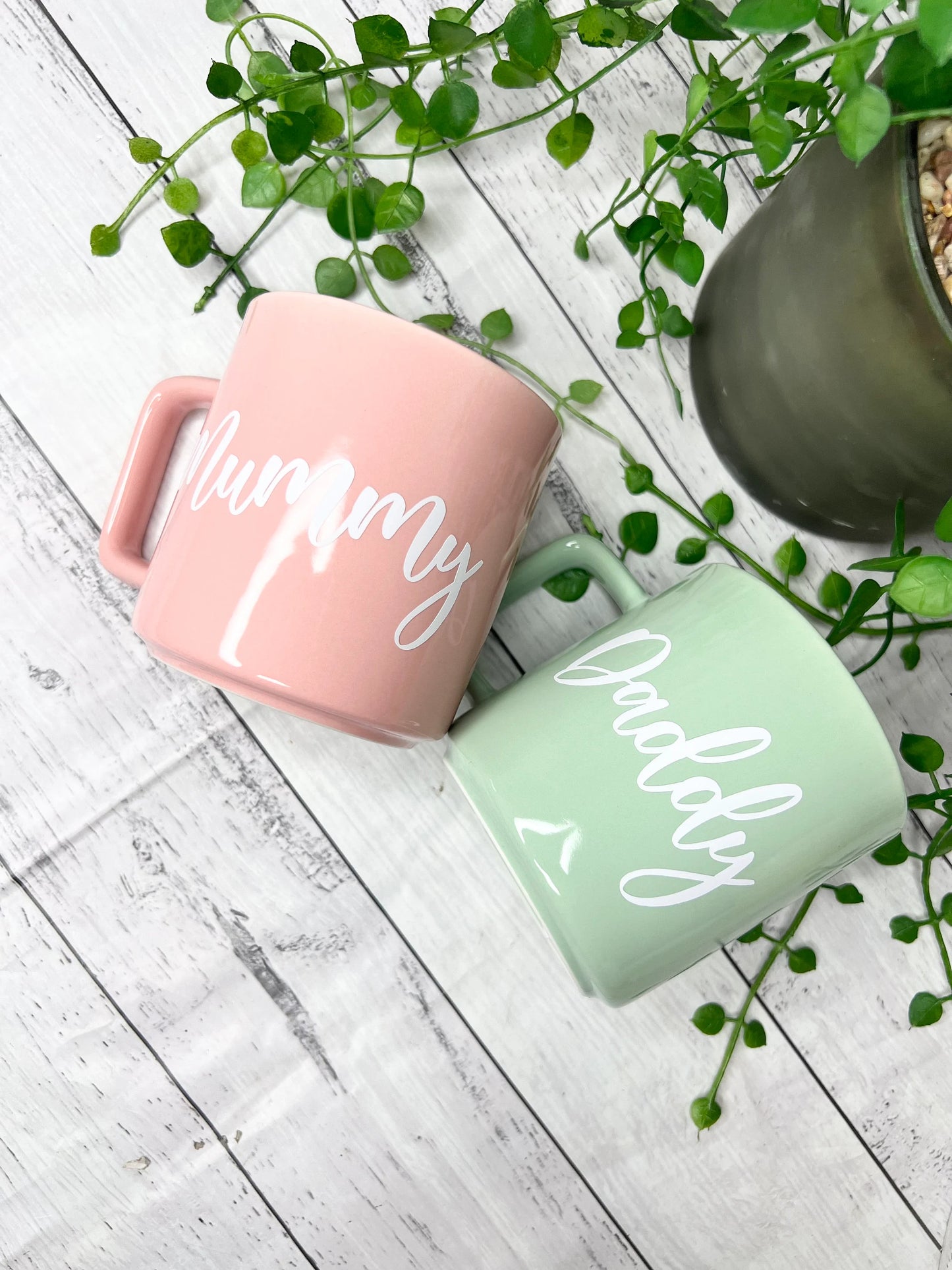 Mummy and Daddy Pink and Green Mugs With white writing Mug set 320ml
