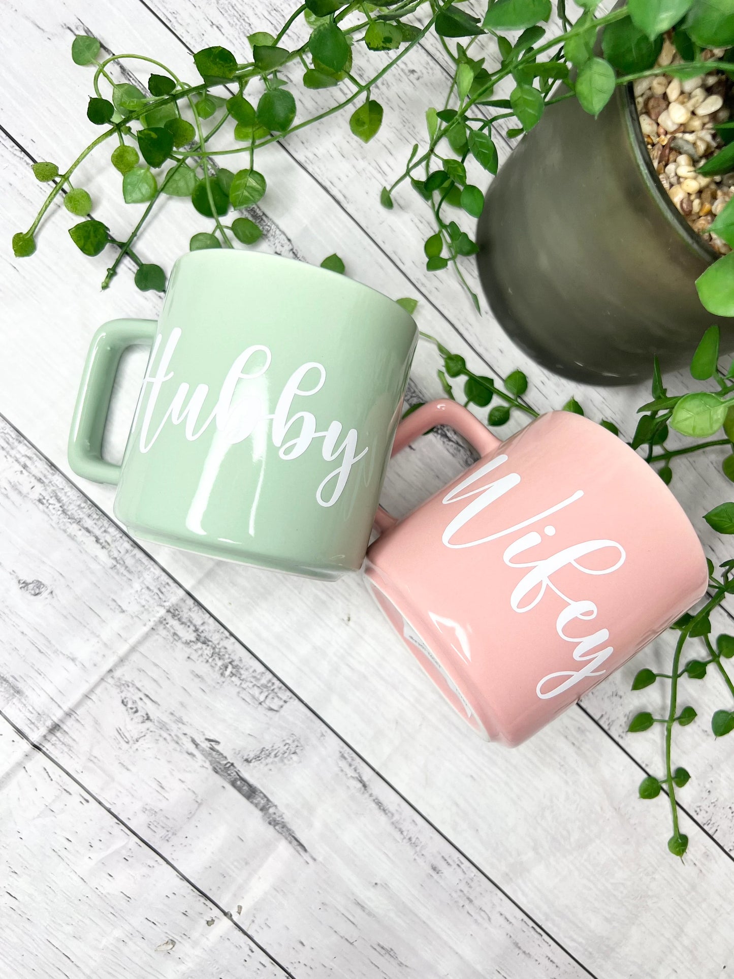 Hubby and Wifey Pink and Green Mugs With white writing Mug set 320ml