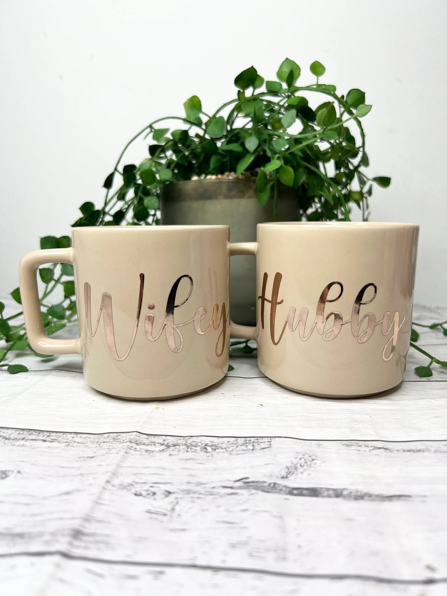 Hubby and Wifey Beige Mugs With Rose Gold writing Mug set 320ml