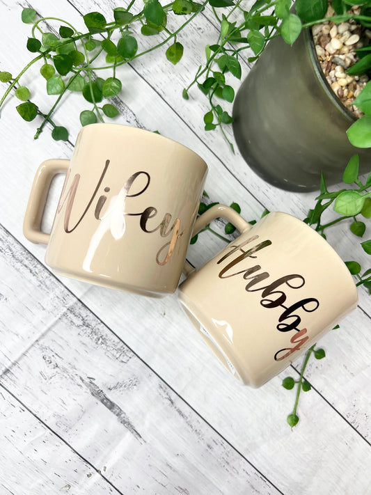 Hubby and Wifey Beige Mugs With Rose Gold writing Mug set 320ml