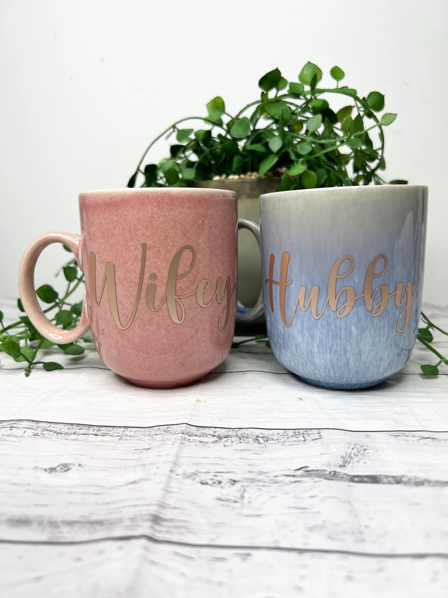 Hubby and Wifey  Pink and Blue Mug with Rose Gold Matte writing Mug set 380ml