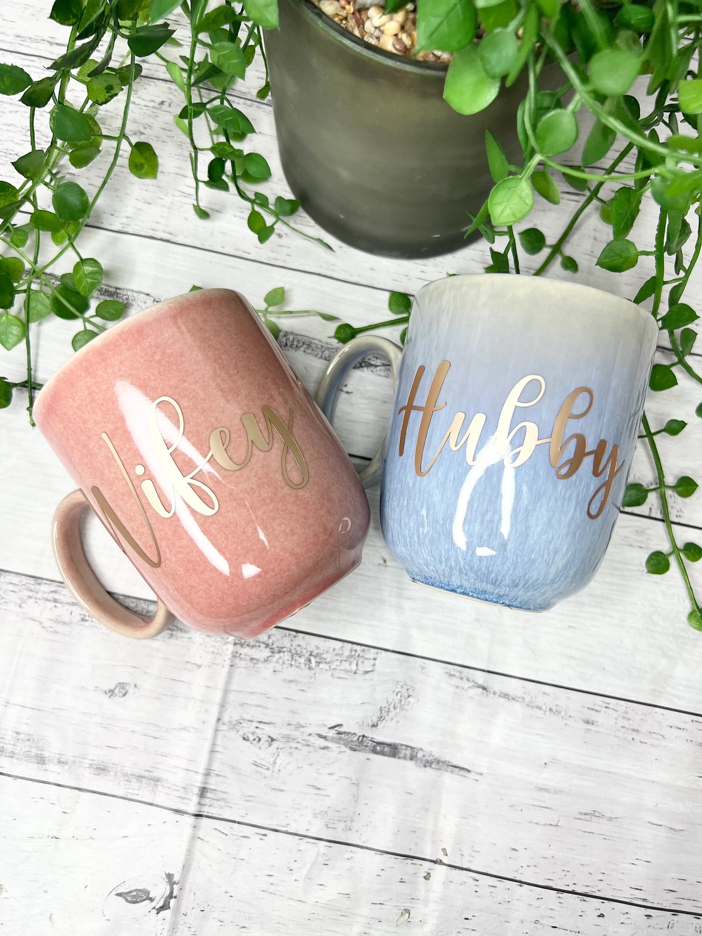 Hubby and Wifey  Pink and Blue Mug with Rose Gold Matte writing Mug set 380ml
