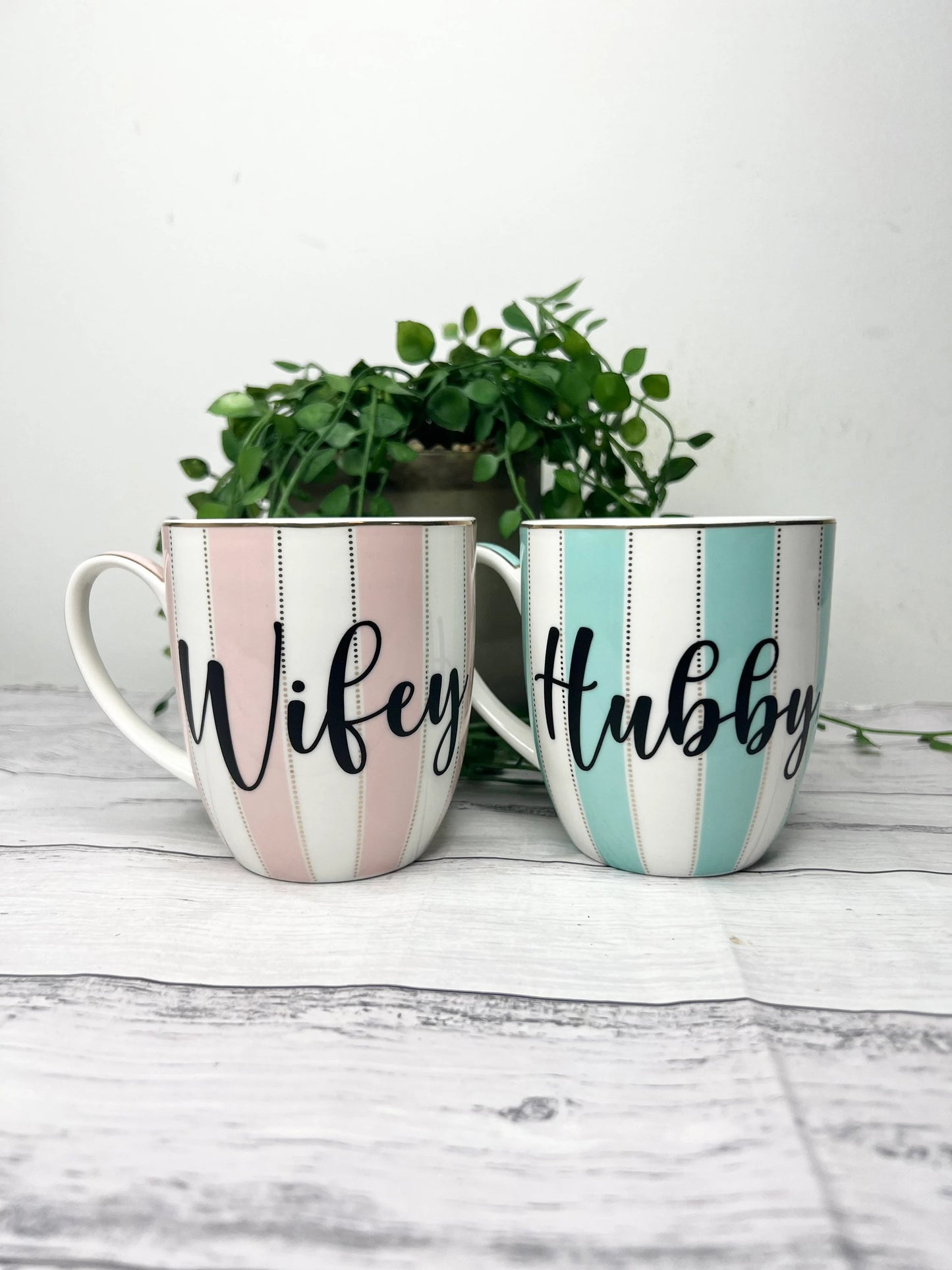 Hubby and wifey stripe mug green and pink couple set with black writing 400ml