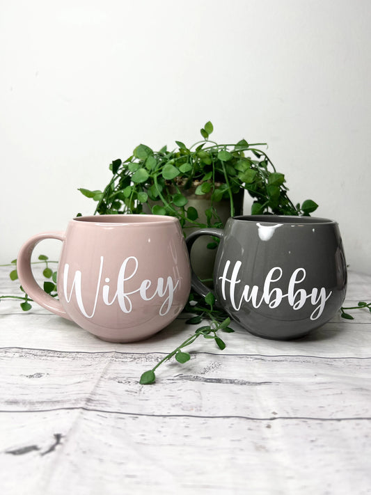Hubby and wifey Pink and Grey hug mug set  450ml couple set White writing