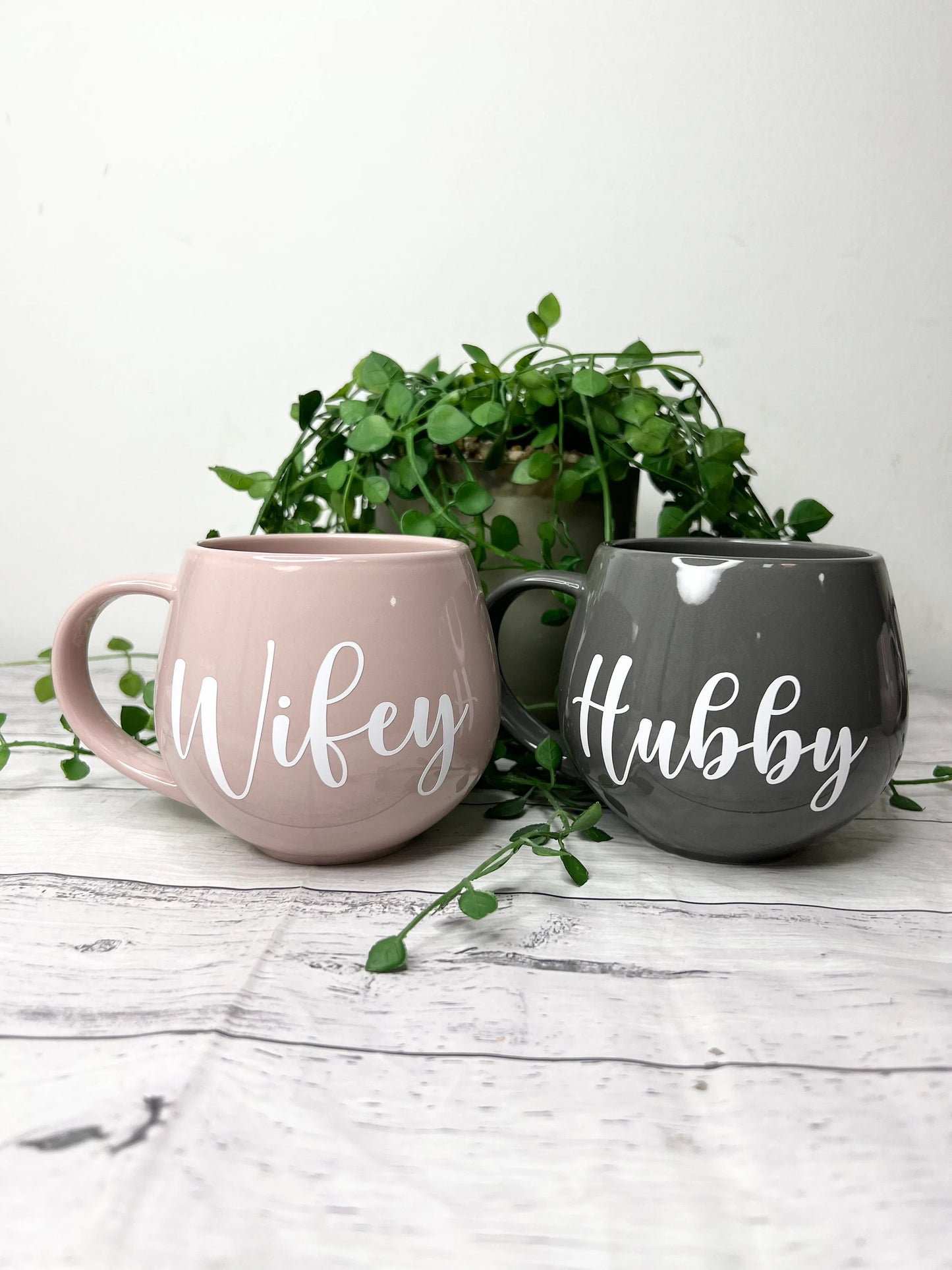 Hubby and wifey Pink and Grey hug mug set  450ml couple set White writing