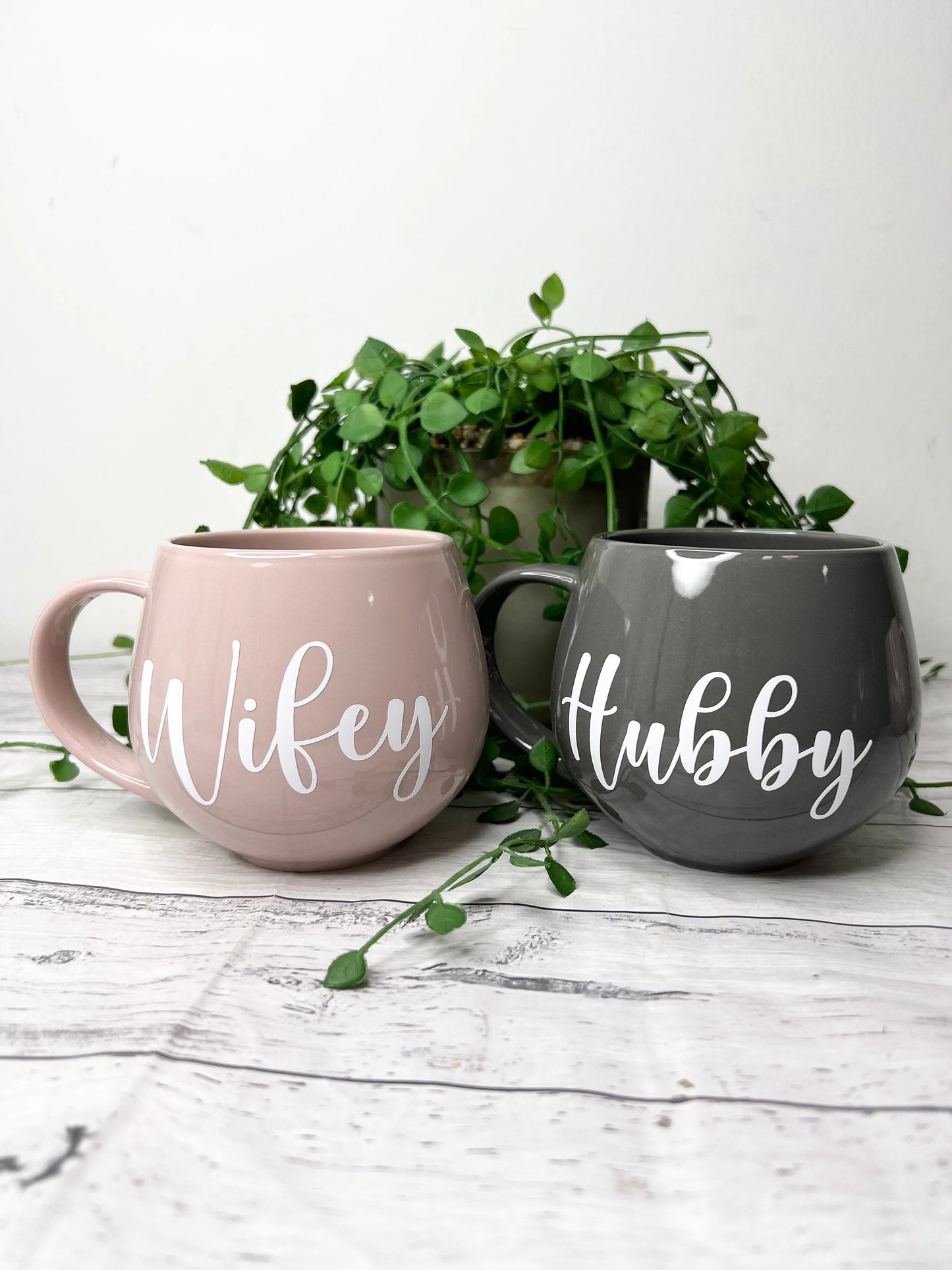 Hubby and wifey Pink and Grey hug mug set  450ml couple set White writing