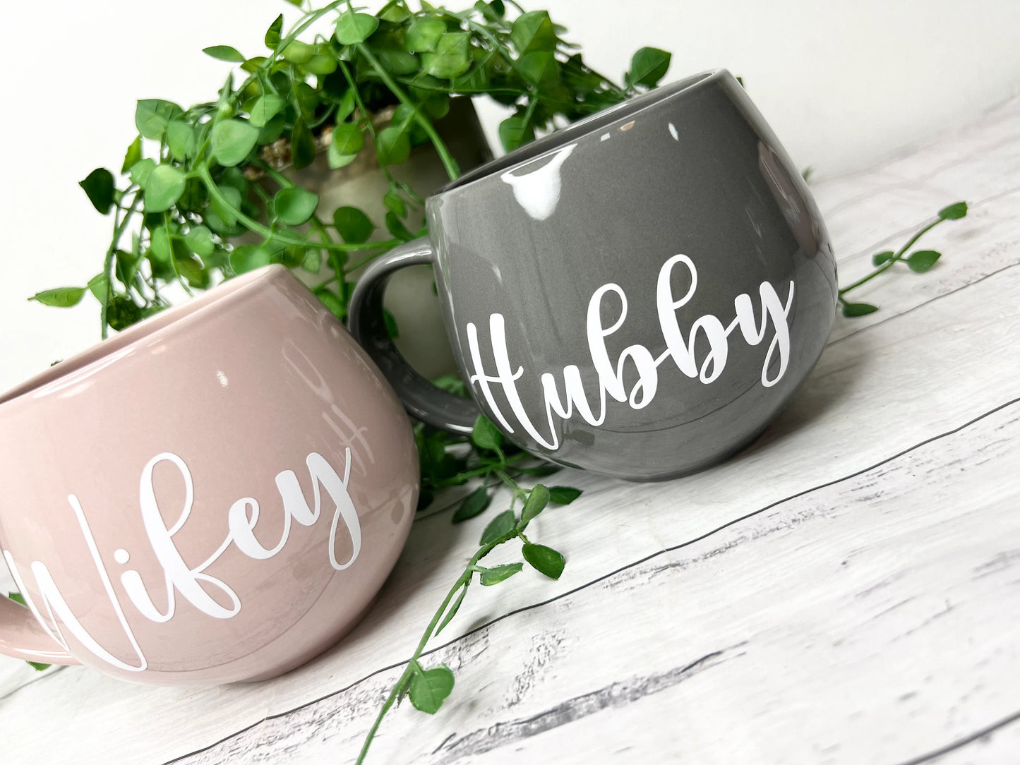 Hubby and wifey Pink and Grey hug mug set  450ml couple set White writing