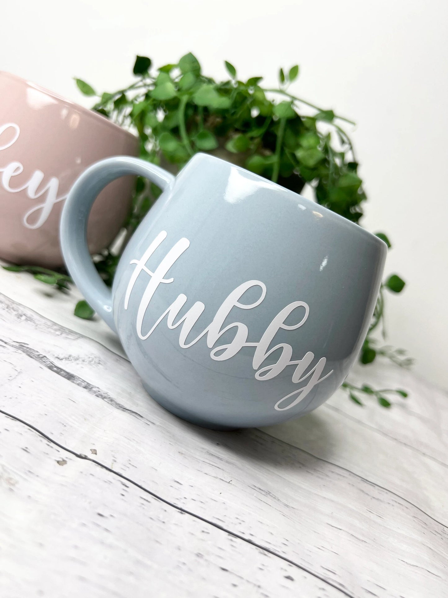Hubby and wifey Pink and Blue hug mug set  450ml couple set Rose Gold writing