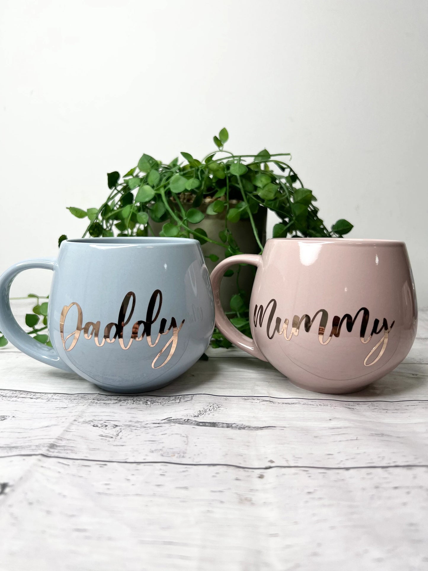 Mummy and Daddy Pink and Blue hug mug set  450ml couple set Rose Gold writing