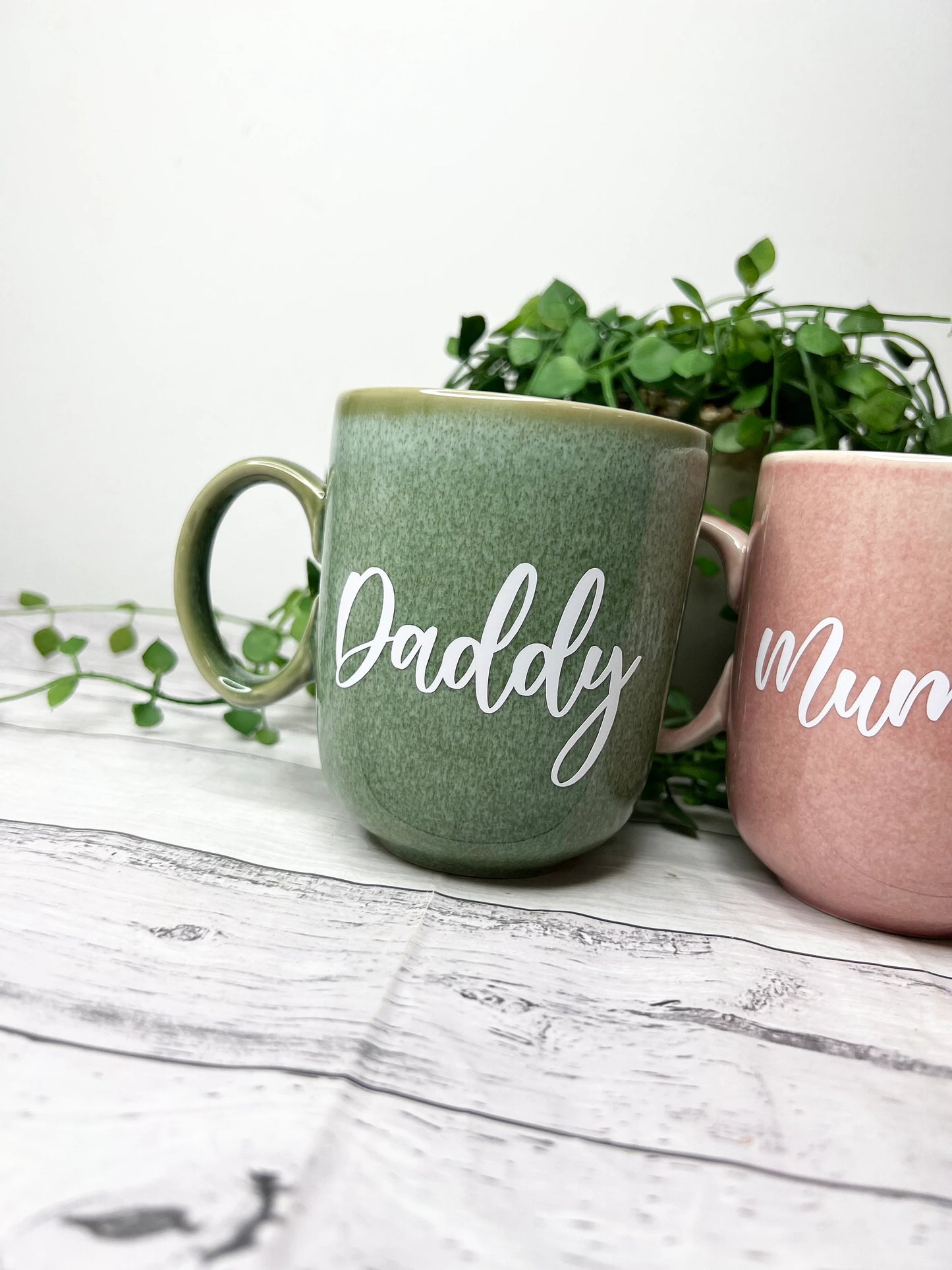 Mummy and Daddy Pink and Green Mug with White writing Mug set 380ml