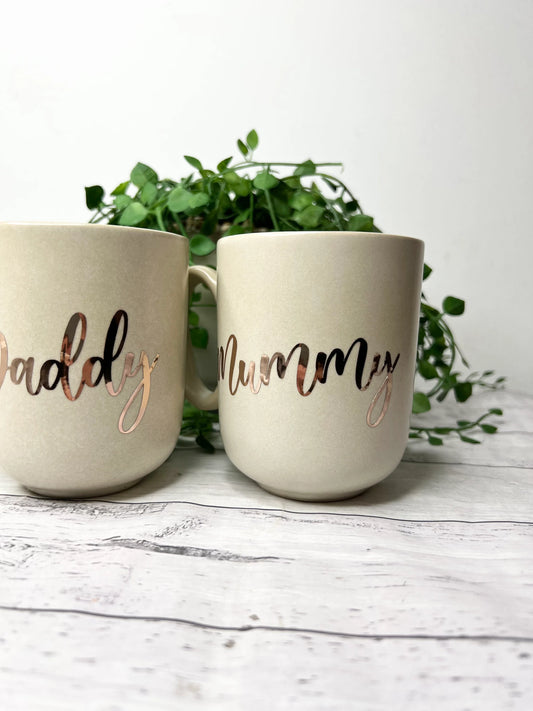 Mummy and Daddy Beige Mug with Rose Gold writing Mug set 380ml