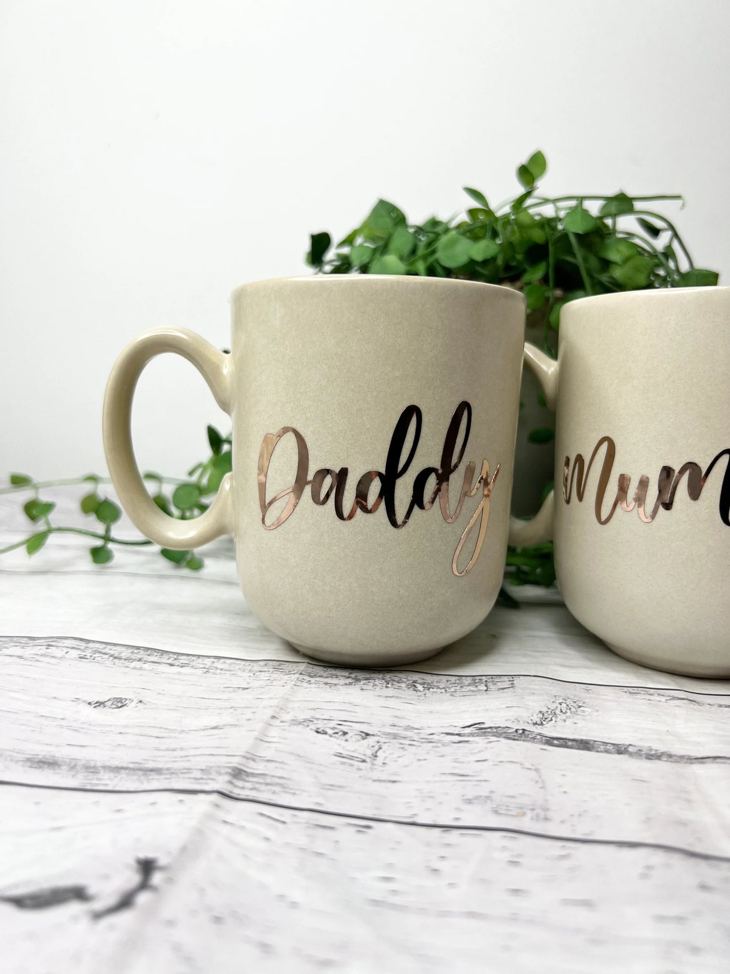 Mummy and Daddy Beige Mug with Rose Gold writing Mug set 380ml