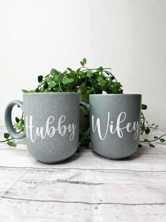 Hubby and Wifey  Blue Mug with White writing Mug set 380ml