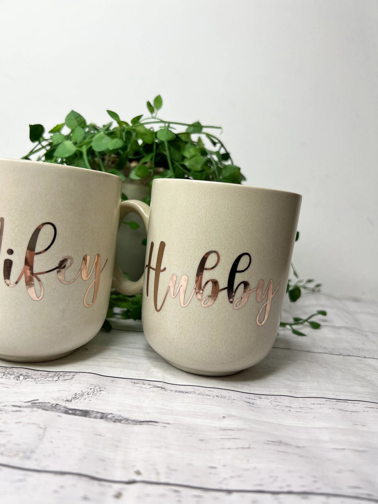 Hubby and Wifey Beige Mug with Rose Gold writing Mug set 380ml