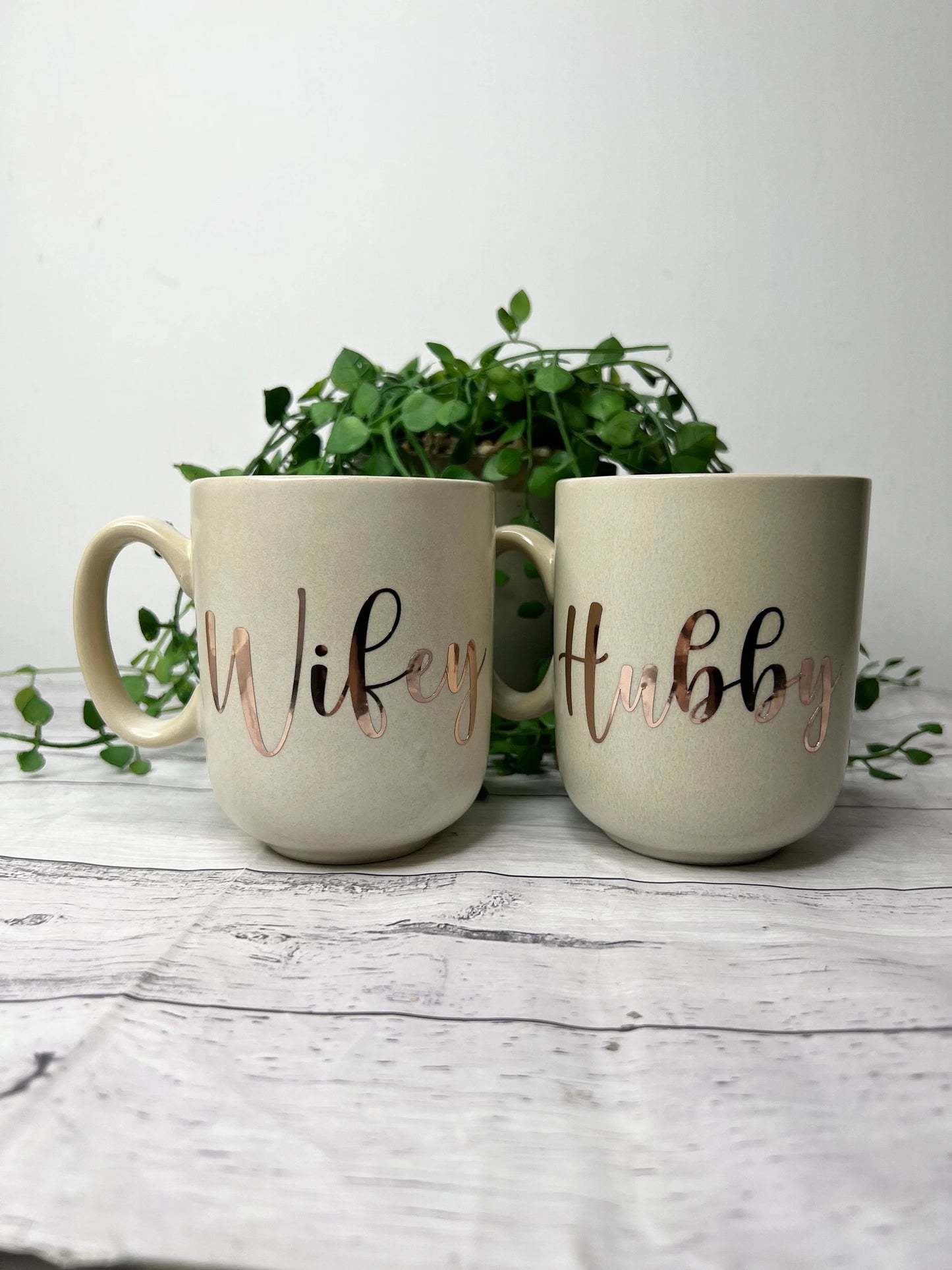 Hubby and Wifey Beige Mug with Rose Gold writing Mug set 380ml