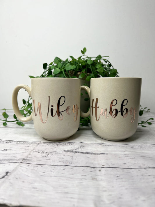 Hubby and Wifey Beige Mug with Rose Gold writing Mug set 380ml