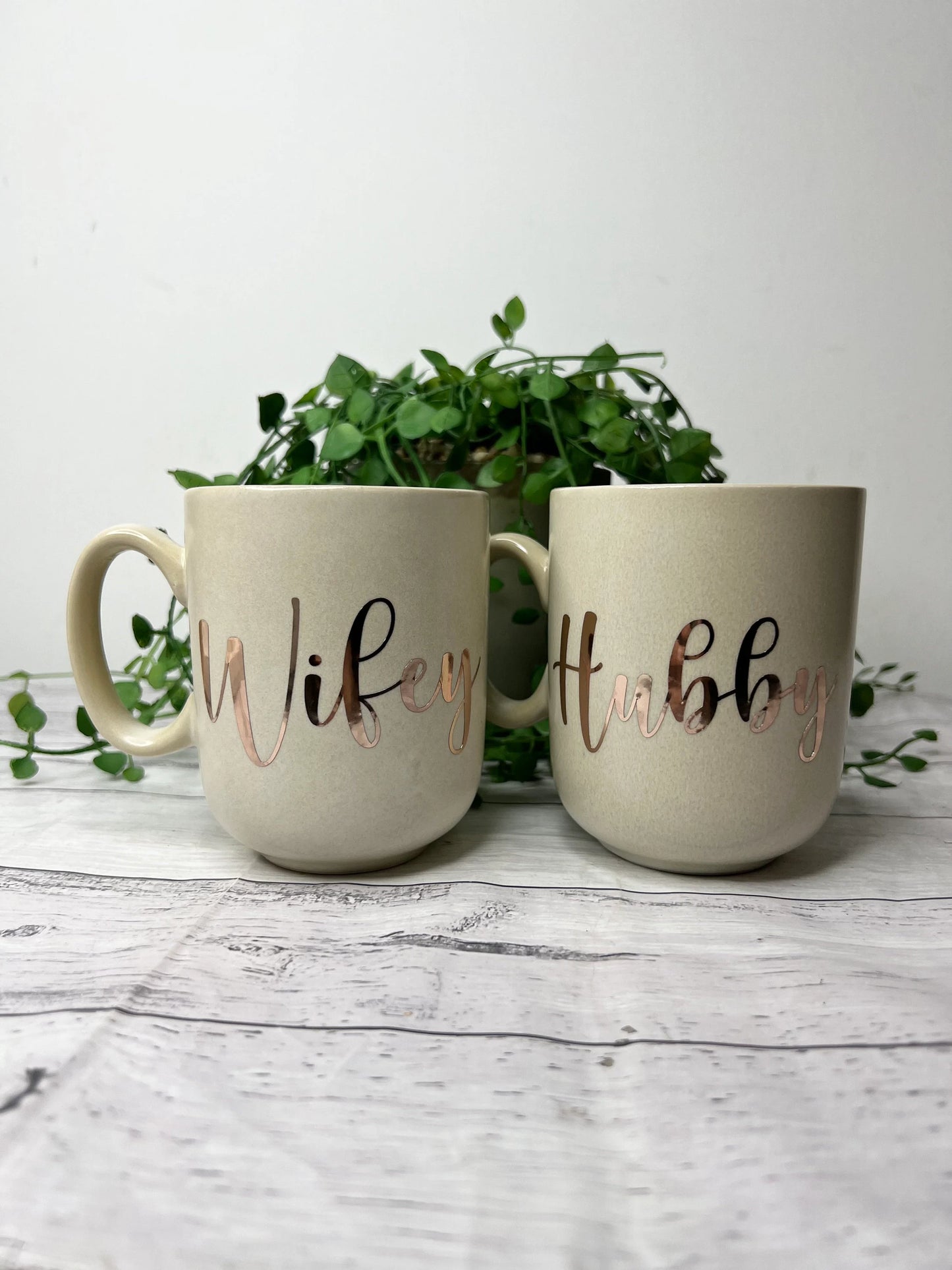 Hubby and Wifey Beige Mug with Rose Gold writing Mug set 380ml