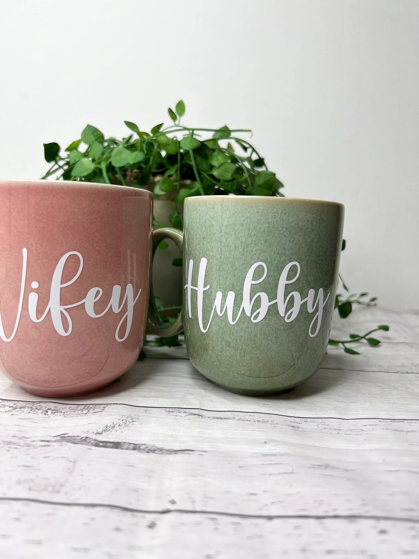 Hubby and Wifey  Pink and Green Mug with White writing Mug set 380ml
