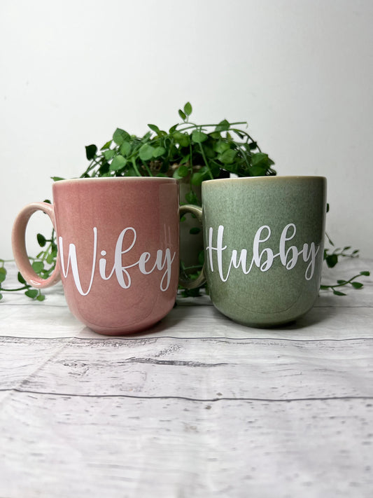Hubby and Wifey  Pink and Green Mug with White writing Mug set 380ml
