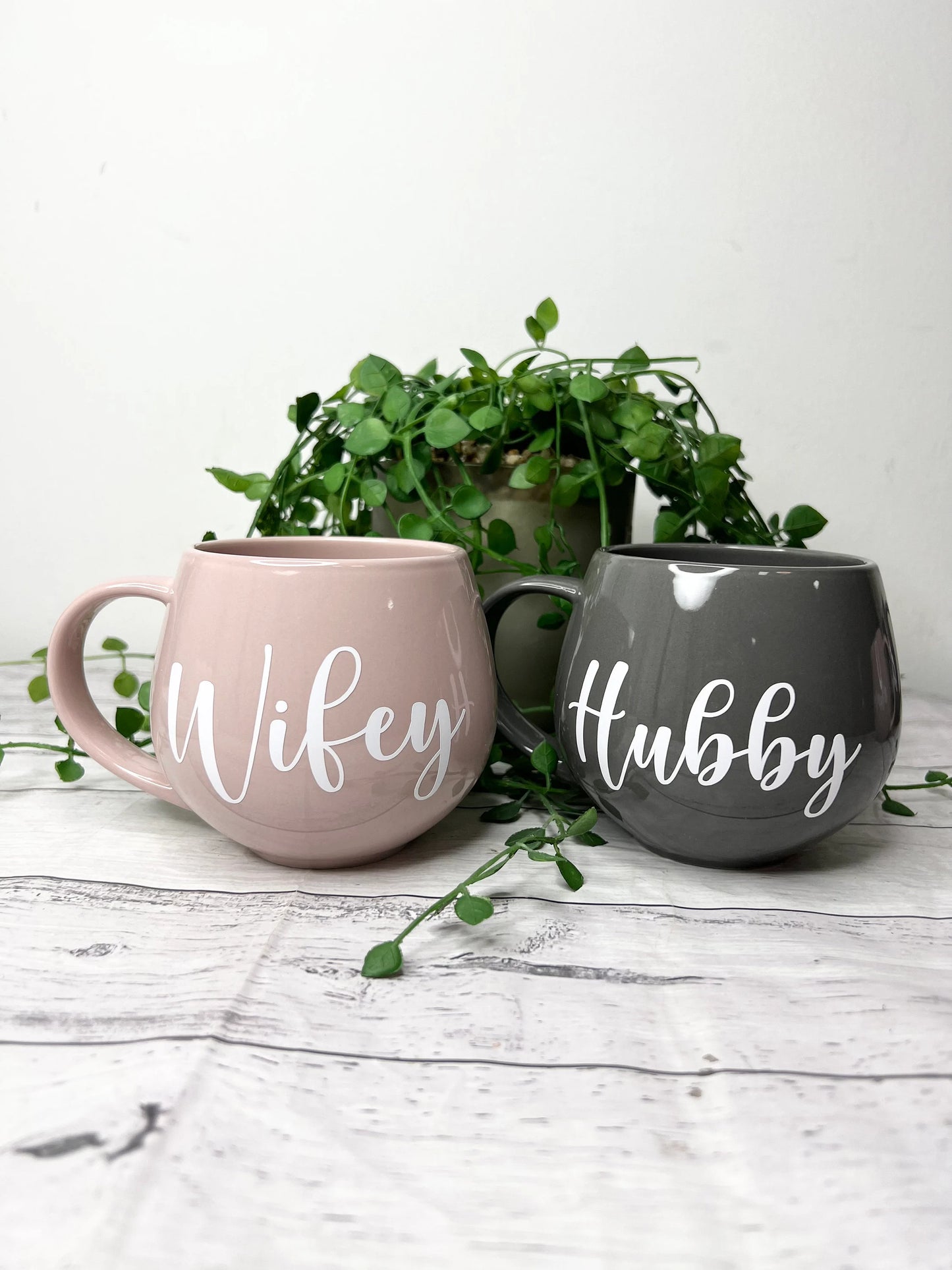 Hubby and wifey Pink and Grey hug mug set  450ml couple set White writing