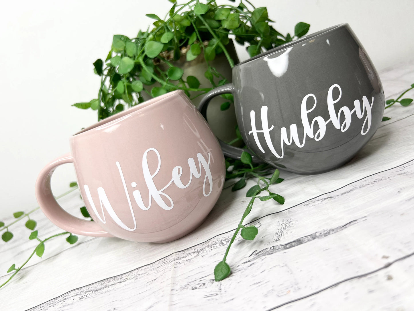 Hubby and wifey Pink and Grey hug mug set  450ml couple set White writing