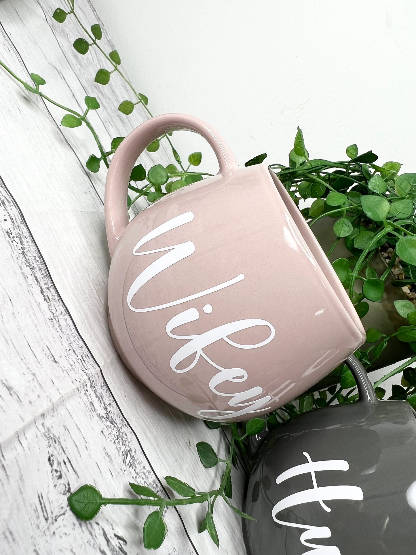 Hubby and wifey Pink and Grey hug mug set  450ml couple set White writing