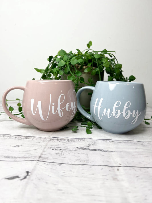 Hubby and wifey Pink and Blue hug mug set  450ml couple set Rose Gold writing