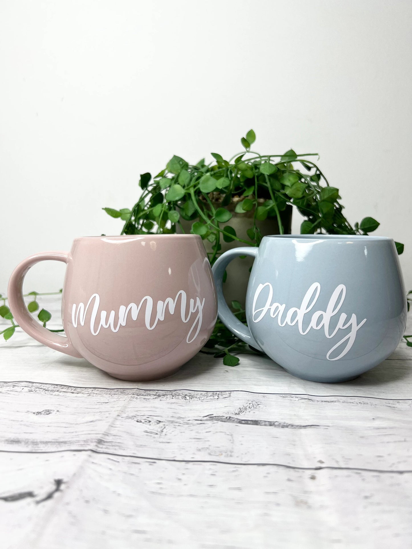 Mummy and Daddy Pink and Blue hug mug set  450ml couple set White writing