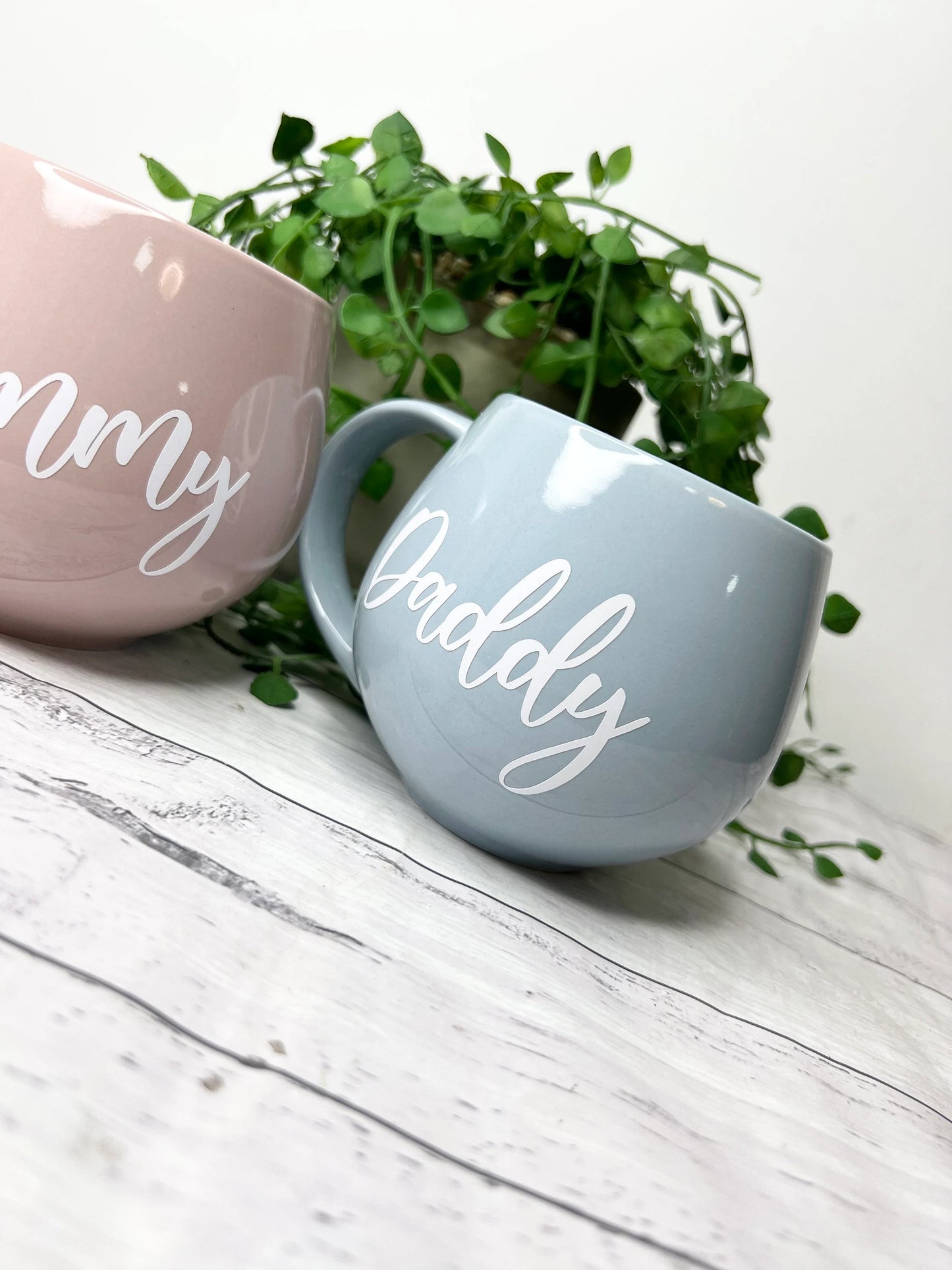 Mummy and Daddy Pink and Blue hug mug set  450ml couple set White writing