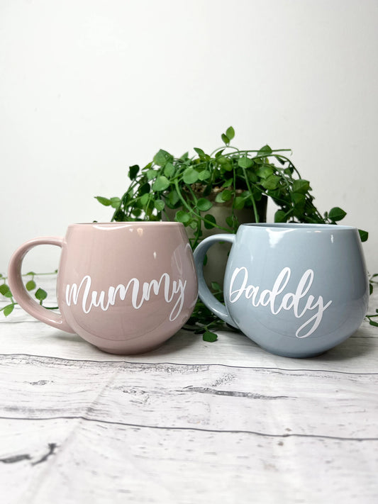 Mummy and Daddy Pink and Blue hug mug set  450ml couple set White writing