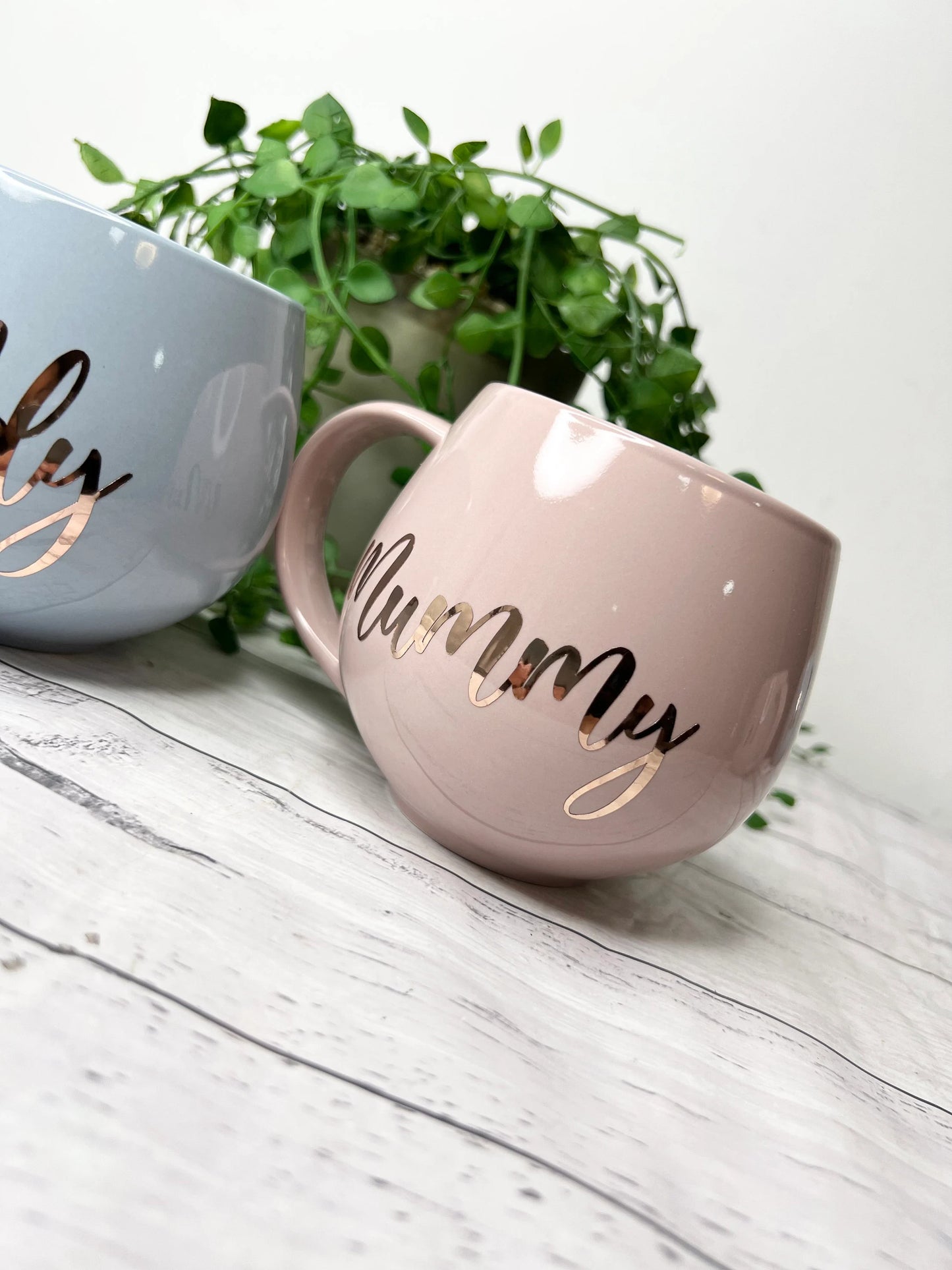 Mummy and Daddy Pink and Blue hug mug set  450ml couple set Rose Gold writing