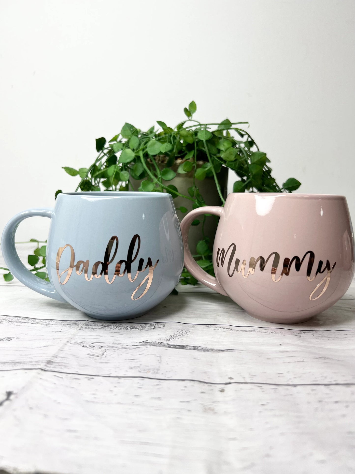 Mummy and Daddy Pink and Blue hug mug set  450ml couple set Rose Gold writing