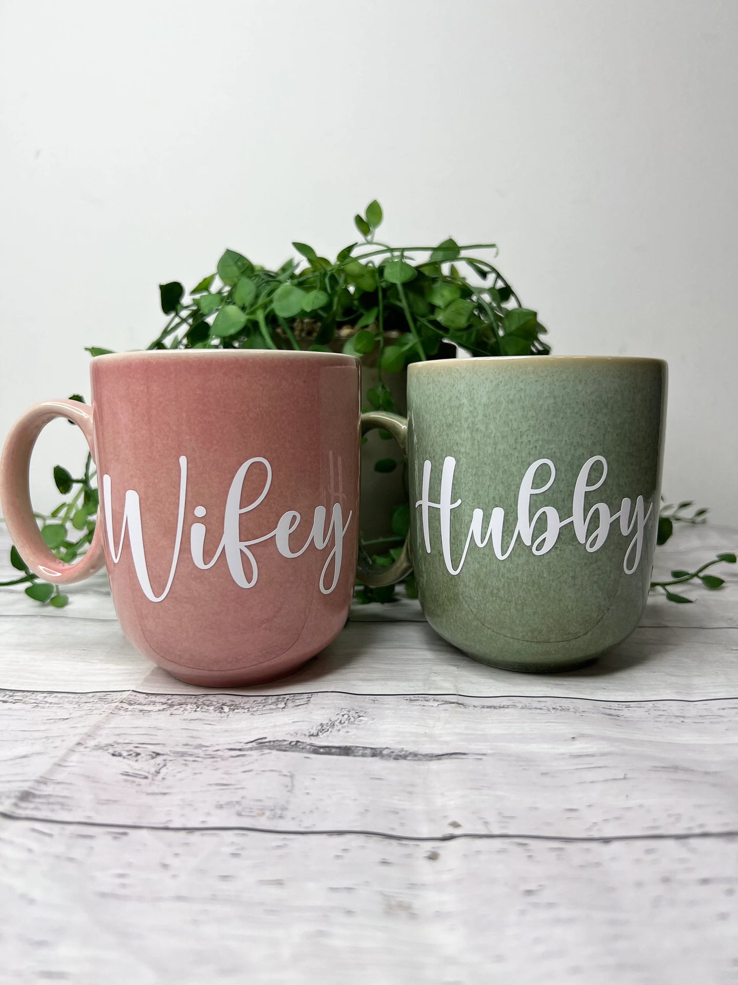 Hubby and Wifey  Pink and Green Mug with White writing Mug set 380ml